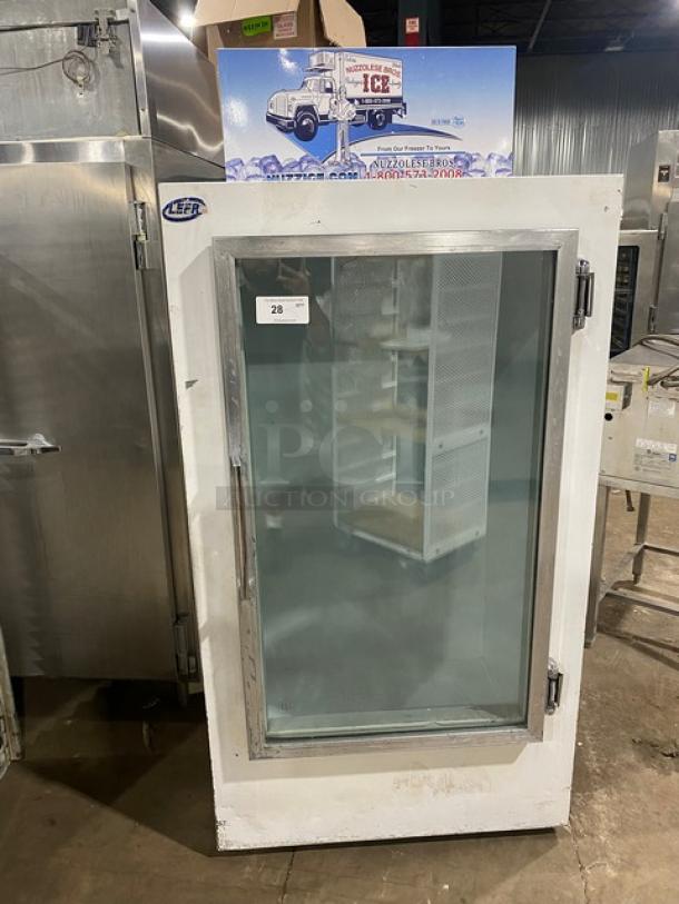 Leer Commercial white ice merchandiser freezer, Model 301UC25MG, single glass swing door, indoor use, 115V, SN: HAA-0404.