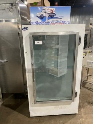 Leer Commercial white ice merchandiser freezer, Model 301UC25MG, single glass swing door, indoor use, 115V, SN: HAA-0404.