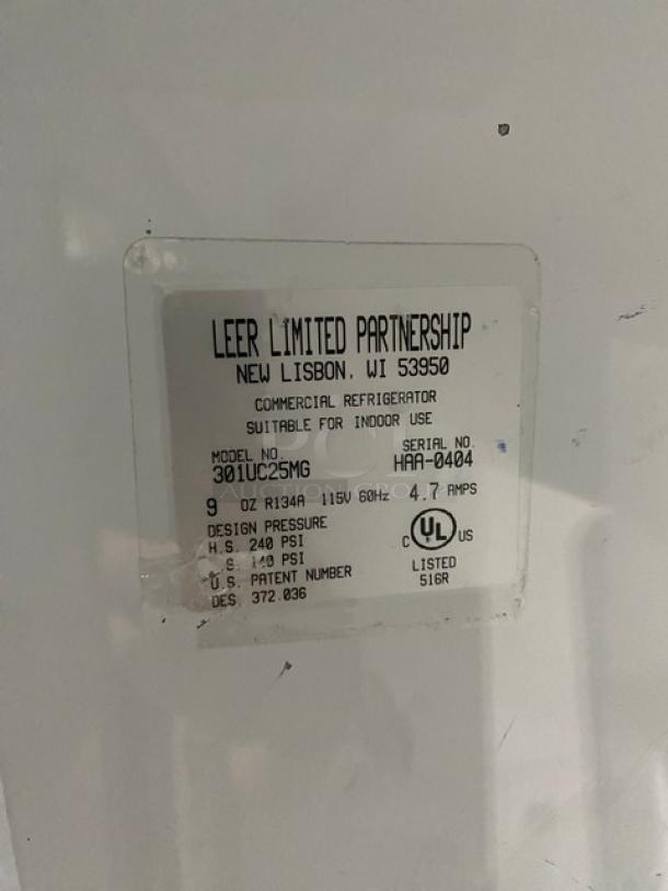 Leer Commercial White Ice Merchandiser Freezer, Model 301UC25MG, single glass swing door, suitable for indoor use, UL listed.