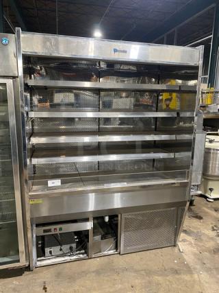 Custom Cool stainless steel multi-tier refrigerated open merchandiser display case, used condition, ideal for grab-n-go items.