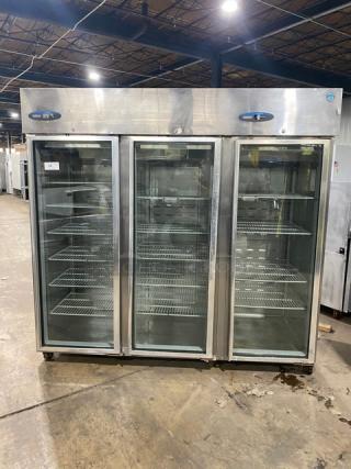 Hoshizaki stainless steel triple glass door refrigerator CR3S-FGYCR with poly coated wire racks, on casters, 115V, 1 phase.