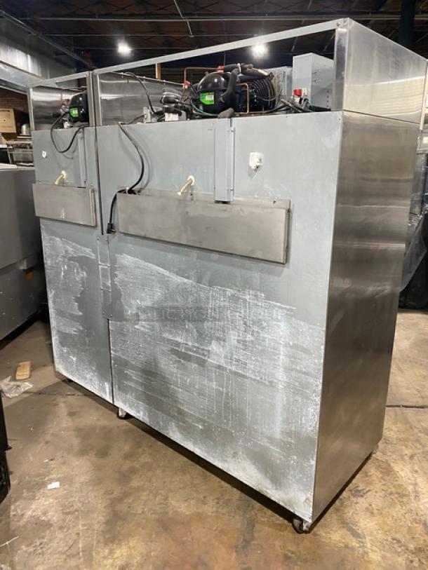 Hoshizaki commercial stainless steel triple glass swing door reach-in merchandiser refrigerator with poly-coated wire racks, Model CR3SFGYCR, SN F60047C, 115V, 1 phase, on casters; rear view showing compressor and wiring.