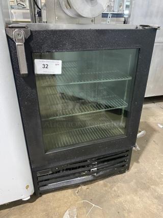 Glastender 2018 countertop mug chiller with single glass door, poly coated wire racks. Model MVF24GNL, 120V, used condition.