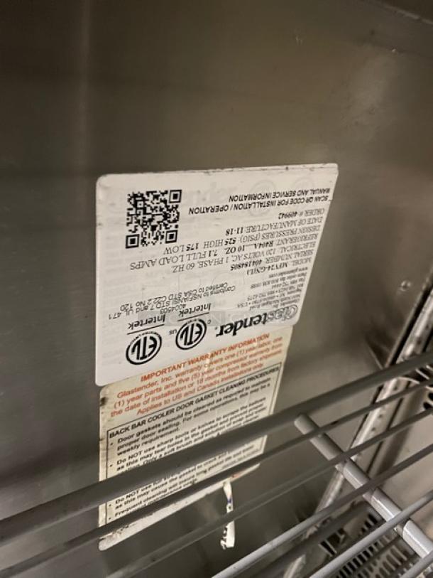 Glastender MVF24GNL 2018 stainless steel mug chiller with poly-coated wire racks, ETL-compliant label visible.