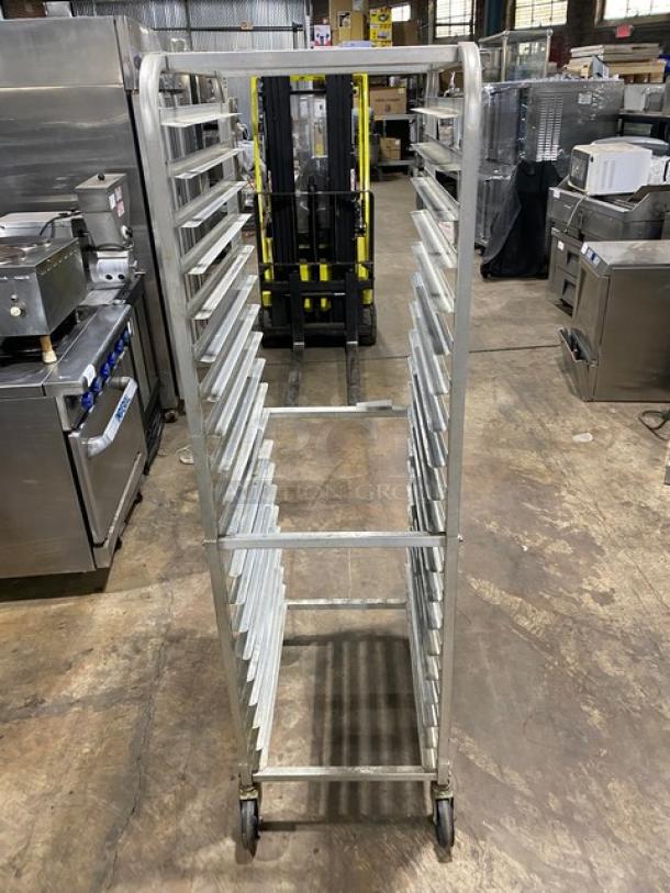 Winco ALRK-20 commercial aluminum pan rack, 20-pan capacity, end-load design, on casters, excellent condition.