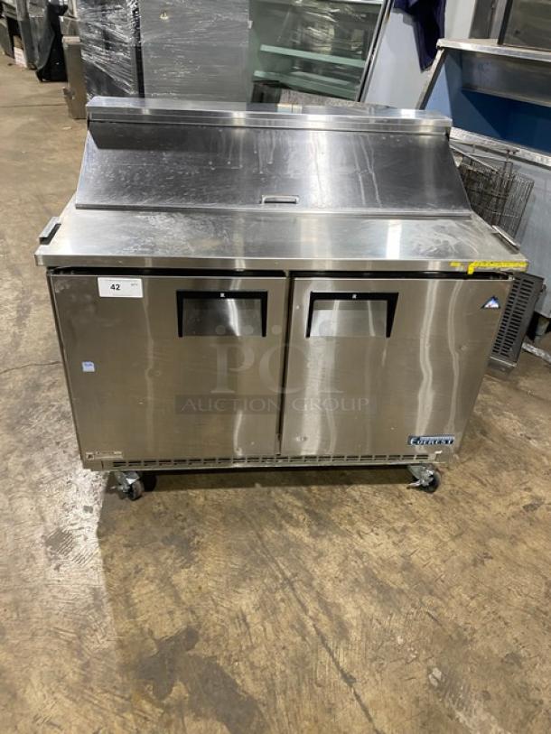 Everest EPBNR2 stainless steel 2-door refrigerated bain marie salad/sandwich prep table on casters, in good condition.