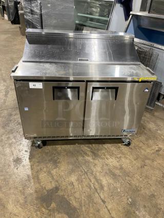 Everest EPBNR2 stainless steel 2-door refrigerated bain marie salad/sandwich prep table on casters, in good condition.
