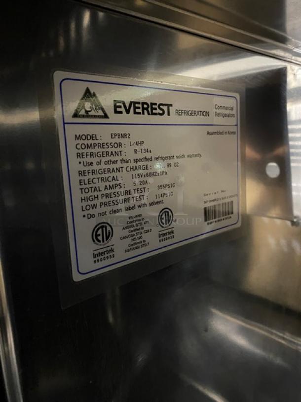 Everest stainless steel 2-door refrigerated bain marie prep table, Model EPBNR2, on casters, 115V, commercial quality.