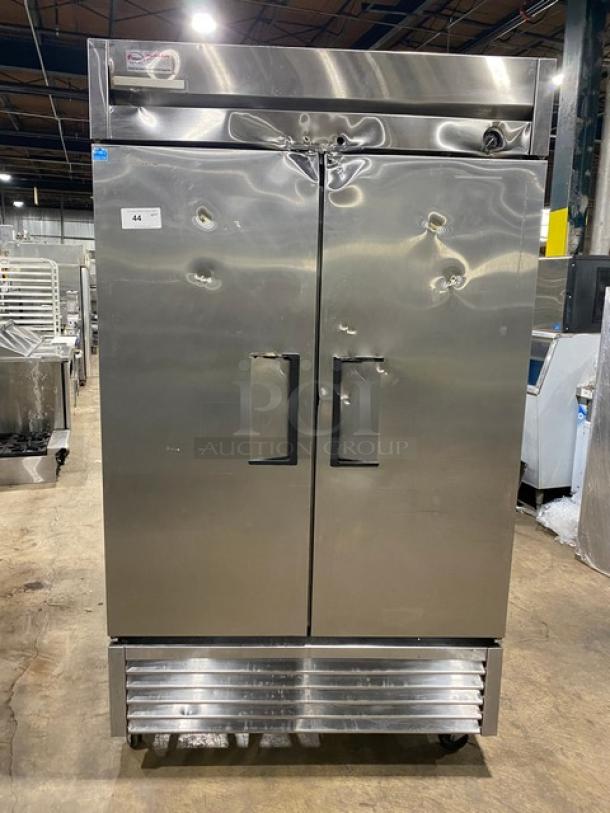 True T-43 stainless steel two-door commercial refrigerator, Energy Star certified, poly-coated wire rack, on casters.