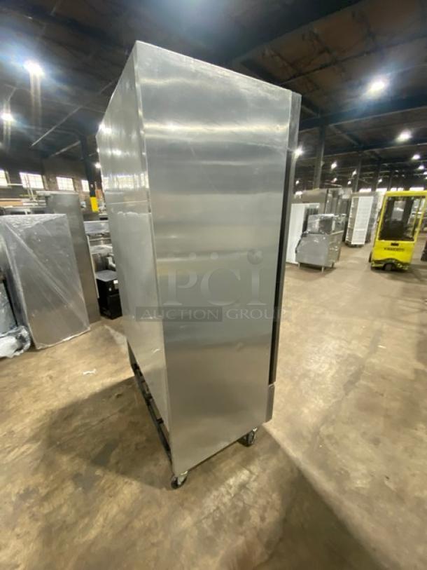 True T-43 stainless steel, 2-door reach-in refrigerator on casters. Poly coated wire rack, Energy Star certified, model T-43.