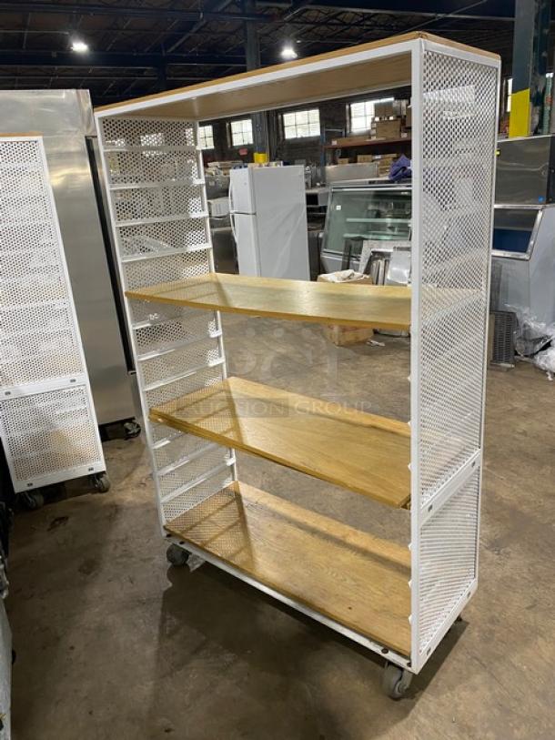 Commercial 3-tier white utility cart with built-in pan slides, wooden shelves, and casters, ideal for kitchen use.