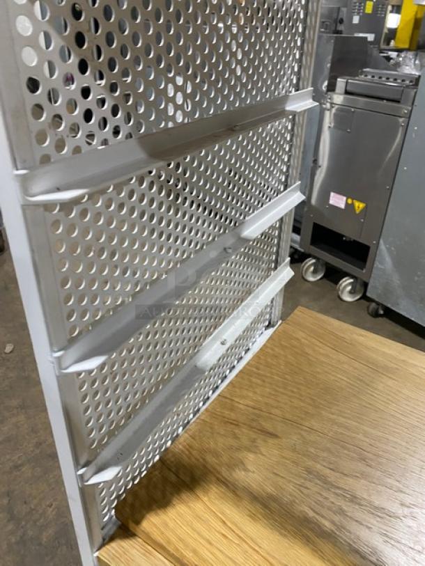 Commercial white 3-tier utility cart with built-in pan slides, wooden style shelves, and casters. Excellent condition.
