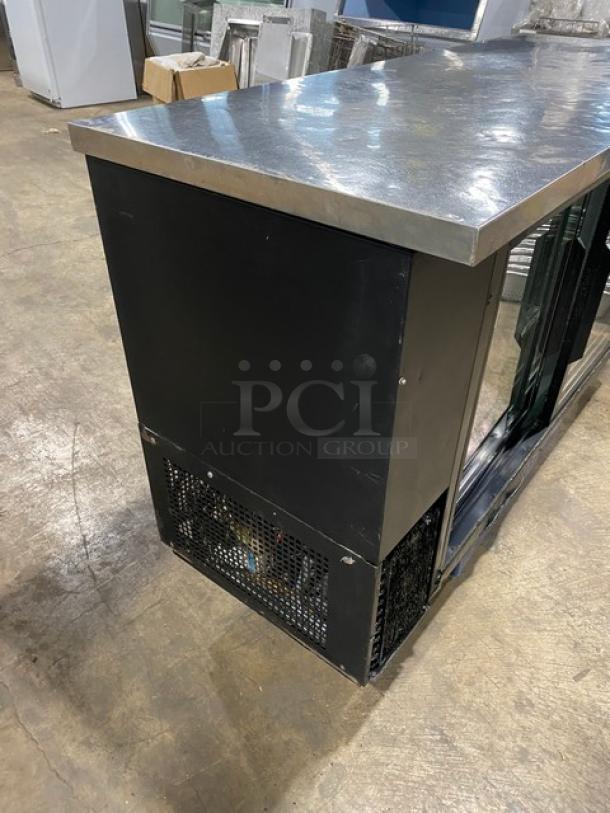 True Commercial Double Glass Sliding Door Back Bar Cooler, black, model TBB-24-60G-SD, stainless steel worktop, 115V.