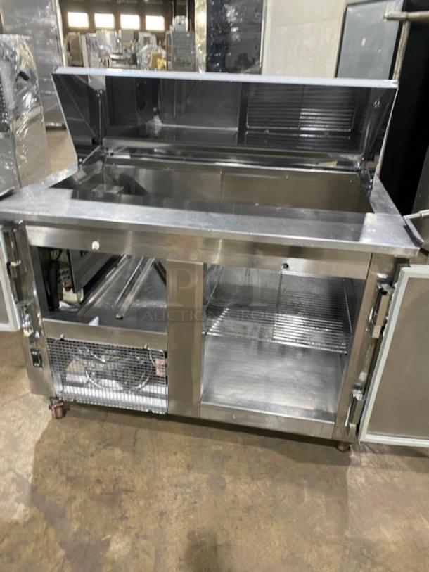 CoolTech CMPH48BMO stainless steel 2-door prep table with chrome wire rack, refrigerated bain marie style, on casters.