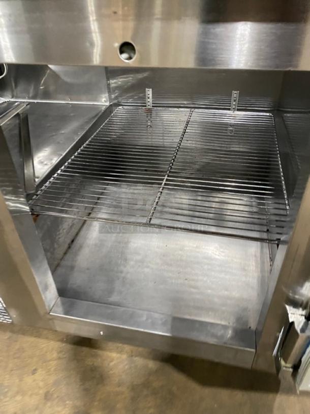 CoolTech CMPH48BMO refrigerated prep table, stainless steel, 2 doors, chrome wire rack, on casters, 120V, model 2018.