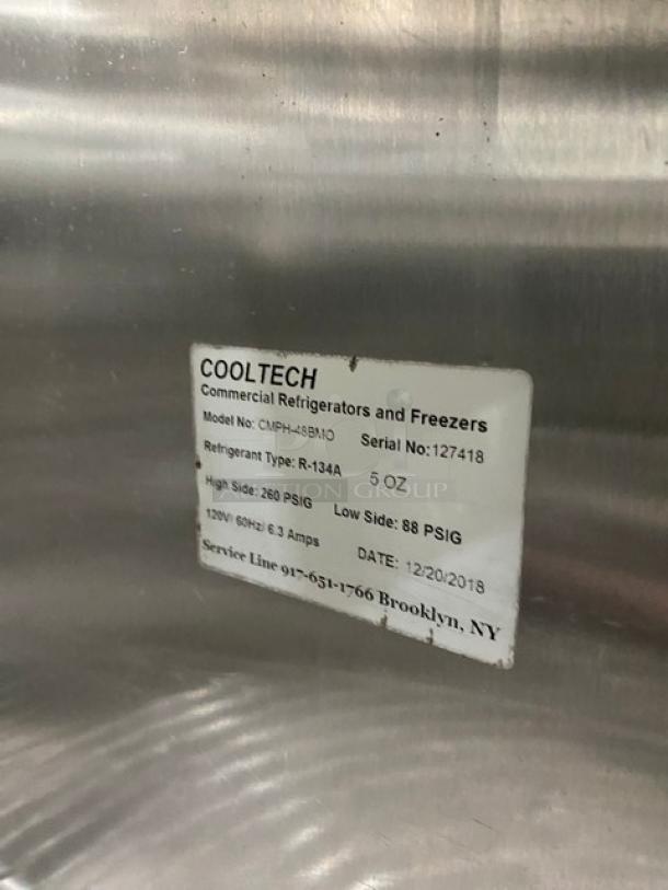 CoolTech CMPH48BMO stainless steel 2-door refrigerated prep table, 2018 model, on casters, with chrome rack, 120V.