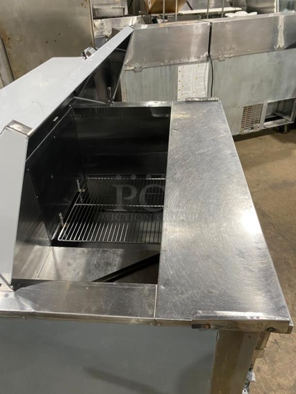 CoolTech CMPH48BMO stainless steel refrigerated prep table with open lid, chrome wire rack, on casters, 2018 model.