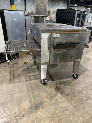 Lincoln Impinger 1400 Series Commercial Stainless Steel Natural Gas-Powered Free-Standing Conveyor Oven! Model: 1450-000-U-K1801 SN: 2110100100084! 120V 1 Phase! On Casters! - Item #1202284