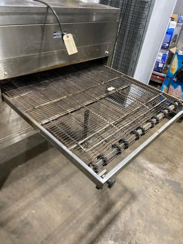 Lincoln Impinger 1450-000-U-K1801 stainless steel conveyor oven, natural gas, free-standing, on casters, Model SN: 2110100100084.