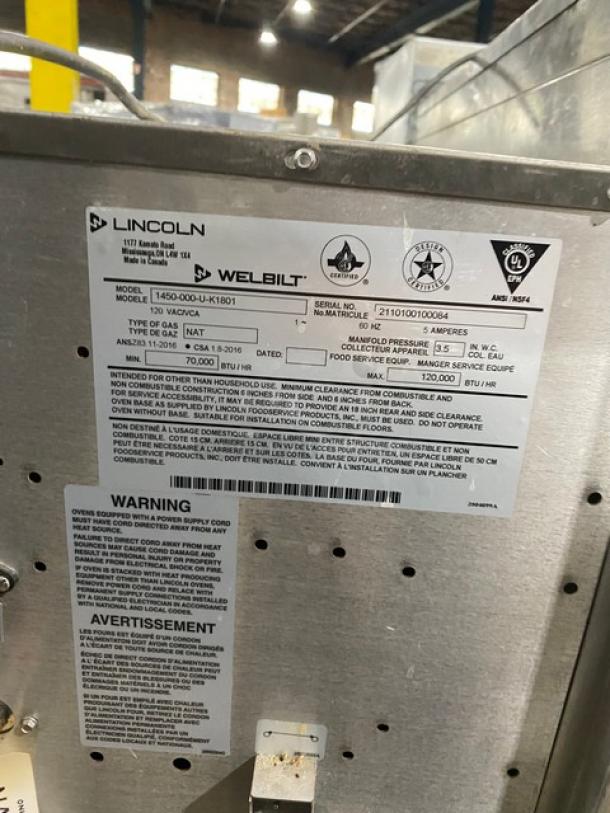 Lincoln Impinger Model 1450000UK1801 Conveyor Oven, stainless steel, natural gas, on casters, 120V, 1 phase. Serial: 2110100100084.