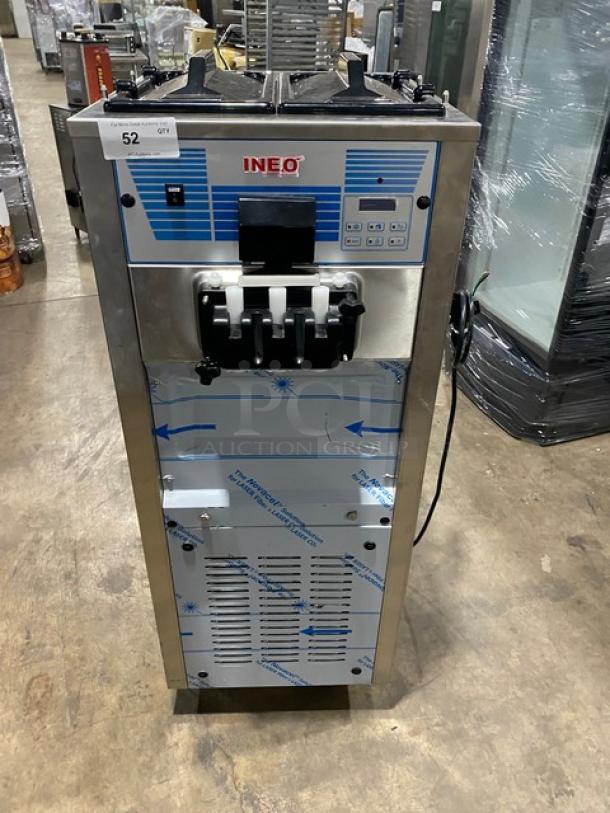 Ineo Model 6240 stainless steel soft serve machine, dual flavor with twist, 2 hoppers, scratch-n-dent, on casters, 220V 3-phase.