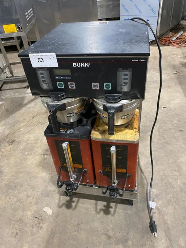 Bunn DualSHDBC commercial stainless steel twin coffee brewer with funnels, safety-fresh servers, 120/208-240V, on legs.
