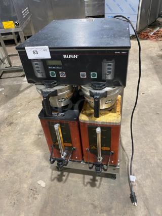 Bunn Dual DBC Series Commercial Stainless Steel Electric Powered Countertop Automatic Twin Coffee Brewer! With Funnels & Bunn Safety-Fresh Portable Servers! Model: DUAL SH DBC SN: DUAL117636! 120/208-240V 1 Phase! On Legs! - Item #1202287