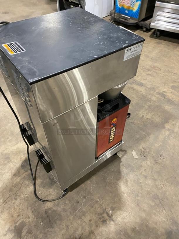 Bunn Dual DBC Series commercial stainless steel twin coffee brewer, model DUALSHDBC, with funnels and portable servers, 120/208-240V.