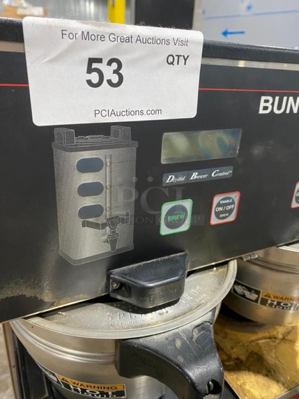 Bunn Dual DBC Series stainless steel twin coffee brewer, Model: DUALSHDBC, with funnels and Safety-Fresh servers, 120/208-240V.