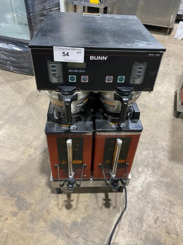 Bunn Dual DBC Series stainless steel twin coffee brewer with funnels and Safety-Fresh servers. Model DUALSHDBC, on legs.