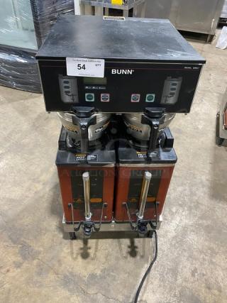 Bunn Dual DBC Series Commercial Stainless Steel Electric Powered Countertop Automatic Twin Coffee Brewer! With Funnels & Bunn Safety-Fresh Portable Servers! Model: DUAL SH DBC SN: DUAL117544! 120/208-240V 1 Phase! On Legs! - Item #1202288