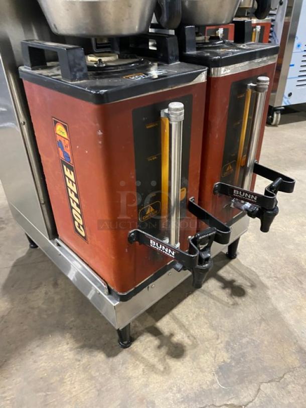 Bunn Dual DBC Series Twin Coffee Brewer, stainless steel, with funnels and Safety-Fresh servers, model DUALSHDBC, on legs.