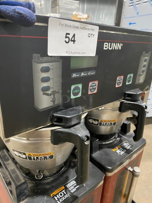 Bunn DUALSHDBC stainless steel twin coffee brewer, countertop model with funnels and portable servers, 120/208-240V.