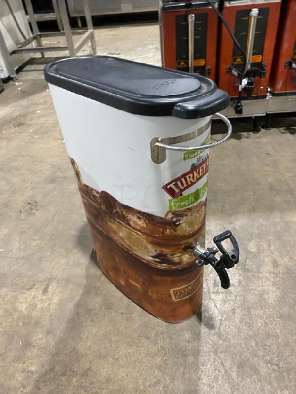 Bunn commercial tea dispenser with Turkey Hill branding, stainless steel hoppers, countertop style, featuring fresh brew graphics.