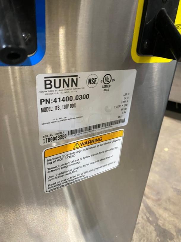 Bunn TB Digital Series stainless steel countertop iced tea brewer, Model ITB, Serial ITB0003260, 120V, 1 Phase.