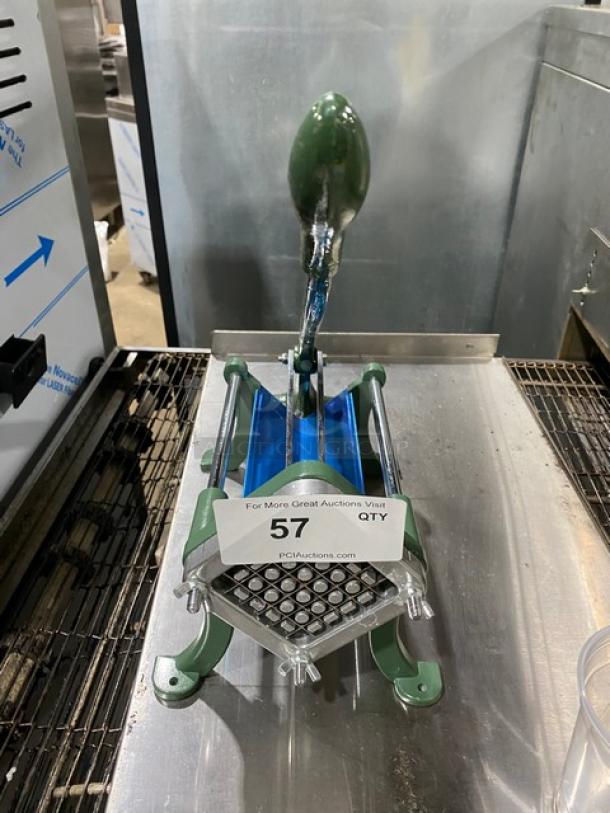 Commercial green heavy-duty manual potato cutter with legs, metal blades, and sturdy handle. Item tag reads "57".