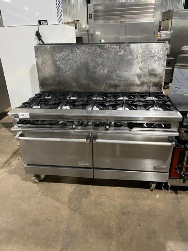 Therma Tek commercial stainless steel 10-burner range and double oven combo with backsplash and wired oven racks on casters.