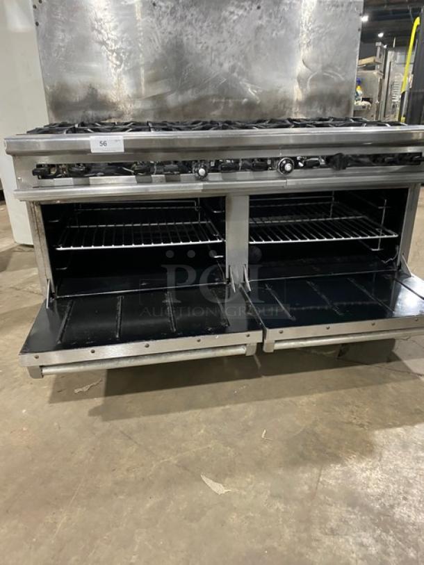 Therma Tek commercial stainless steel 10-burner range with double oven, wired racks, and backsplash. On casters; natural gas.