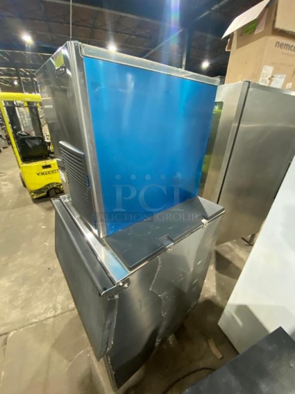 Hoshizaki commercial stainless steel ice maker/storage bin combo, model F-801MAH/B-500PF, Energy Star certified, on legs.