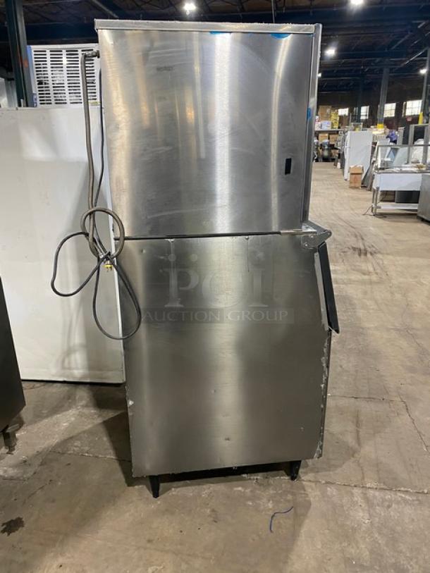 Hoshizaki stainless steel ice maker/storage combo, model F801MAH/B500PF. Energy Star certified, on legs, used condition.