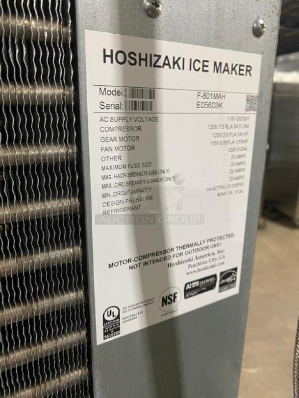 Hoshizaki commercial stainless steel ice maker and storage bin combo, model F-801MAH/B-500PF. Energy Star certified.