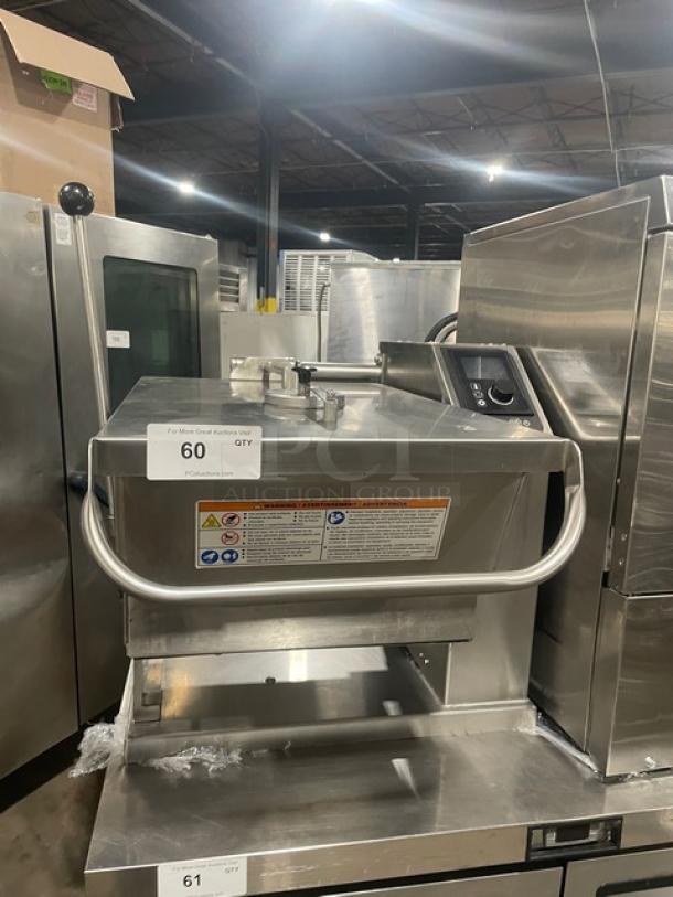 Cleveland Range stainless steel electric countertop tilted braising pan, good condition, visible control dial and safety labels.