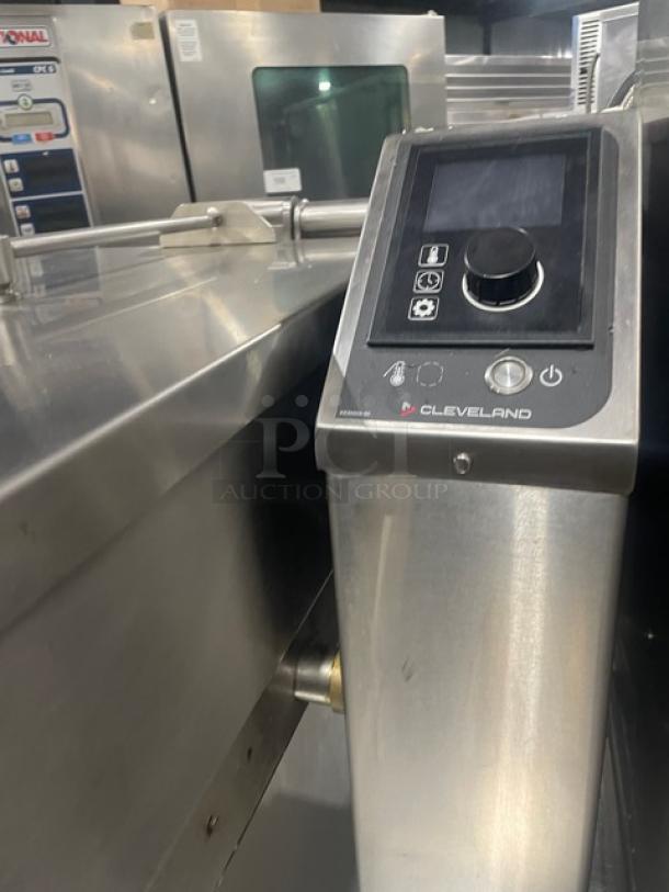 Cleveland Range electric stainless steel tilted braising pan, countertop model. Control panel with display and settings visible.