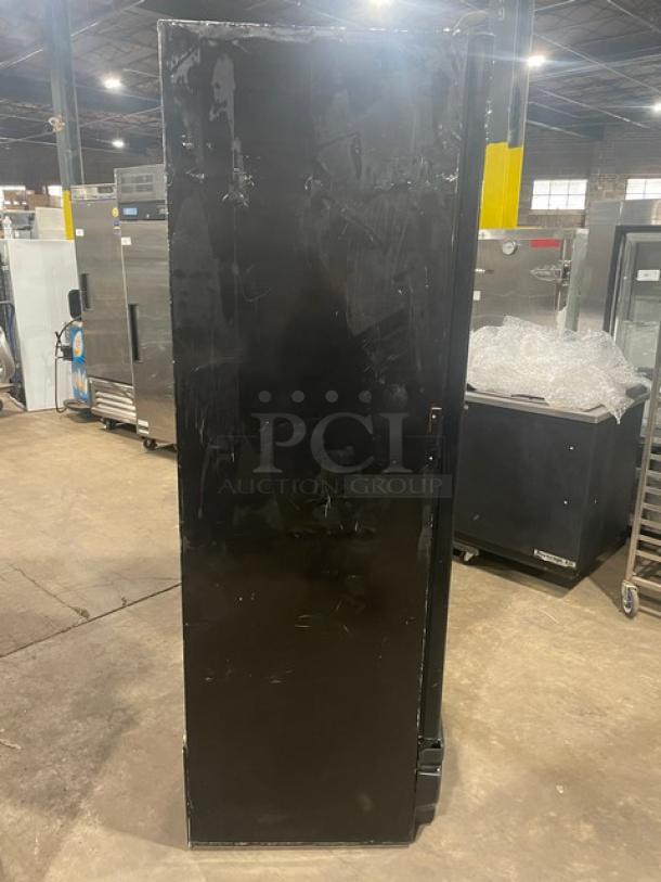 Imbera Commercial Black Single Glass Swing Door Reach-In Merchandiser Refrigerator, Model G319C02, in used condition.