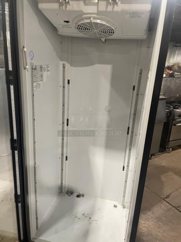 Imbera Commercial Black Single Glass Swing Door Merchandiser Refrigerator, Model G319C02, 115V, 1 Phase, internal view.