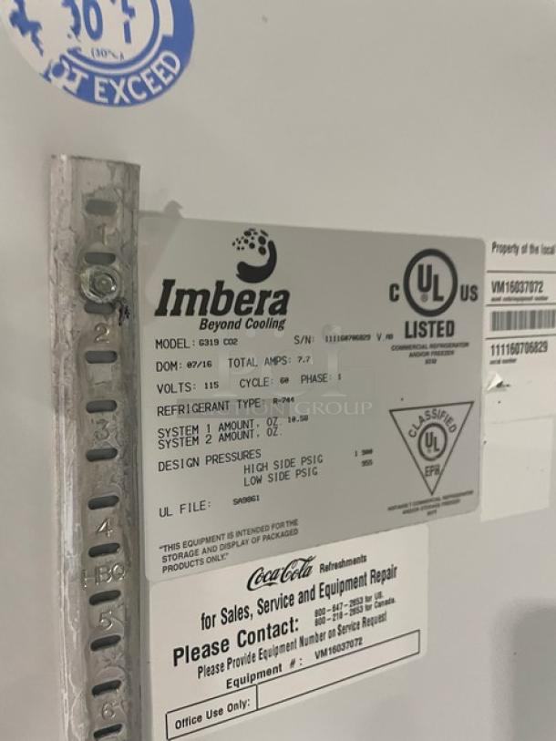 Imbera Commercial Black Single Glass Door Merchandiser Refrigerator, Model G319C02, UL listed label and specs visible.