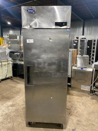 Atosa MBF8004GR stainless steel single door reach-in refrigerator, 2020 model, on casters, Energy Star certified, with wire racks.