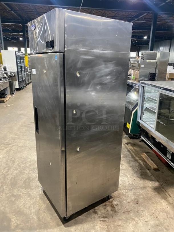 Atosa MBF8004GR single door stainless steel refrigerator, 2020 model, Energy Star certified, on casters, with wire racks.
