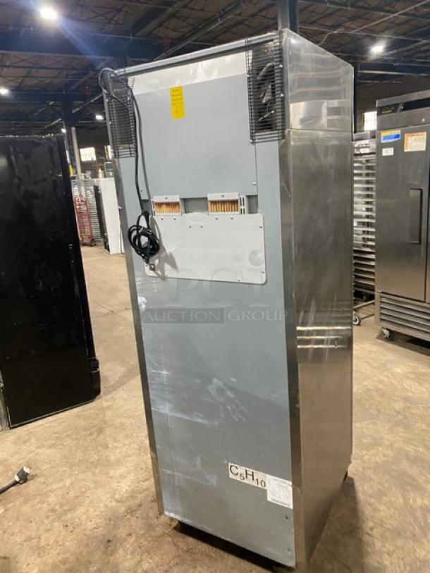 Atosa 2020 commercial stainless steel single door refrigerator, model MBF8004GR, Energy Star certified, with poly-coated wire racks, on casters.
