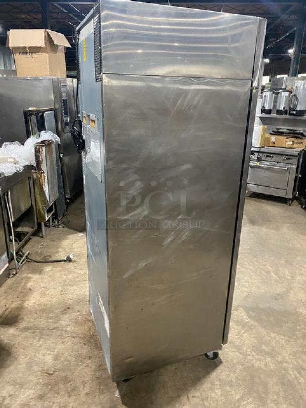Late model Atosa MBF8004GR commercial stainless steel single door refrigerator; Energy Star certified, with wire racks.